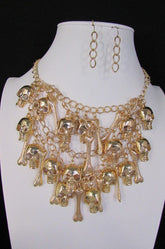 Gold Chains Skulls Strands Skeleton Bones Necklace + Earrings Set New Women Fashion - alwaystyle4you - 7