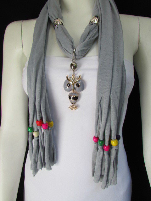 Black, Blue, Beige, Gray, White Soft Scarf Long Necklace Multicolors Wood Beads Owl Pendant Women Fashion Accessory - alwaystyle4you - 1