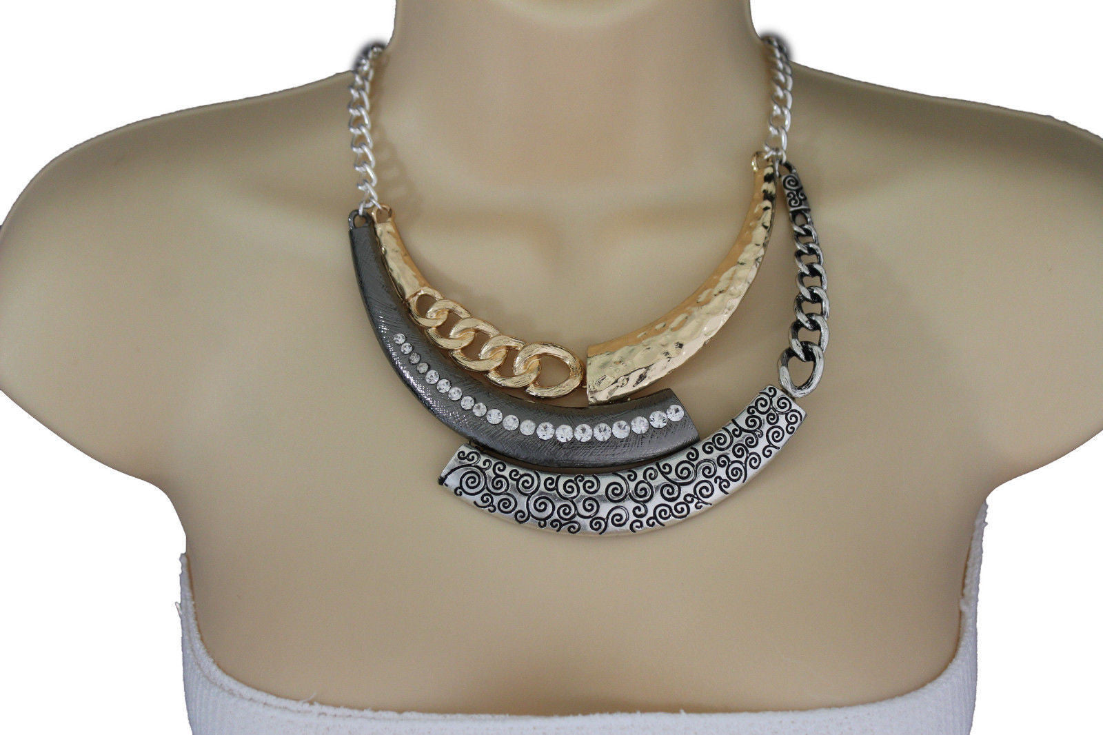 Gold Black / Silver Black Metal Plate Half Moon Necklace Chains + Earrings Set Women Fashion Jewelry - alwaystyle4you - 1