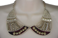 Bronze / Gold Short Bib Metal Chains Collar Spikes Necklace + Earrings Set Women Fashion Jewelry - alwaystyle4you - 1
