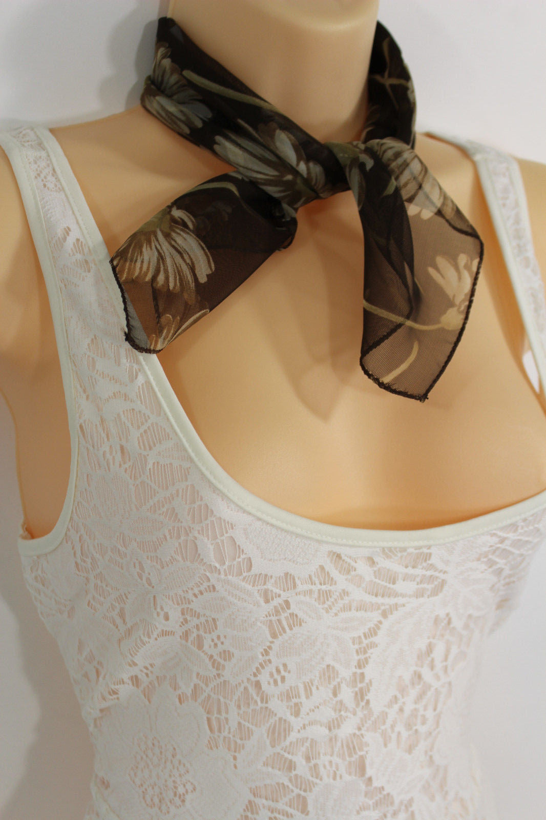 Dark Green Brown Small Neck Soft Scarf Fabric White Flower Pocket Square Women Fashion - alwaystyle4you - 10