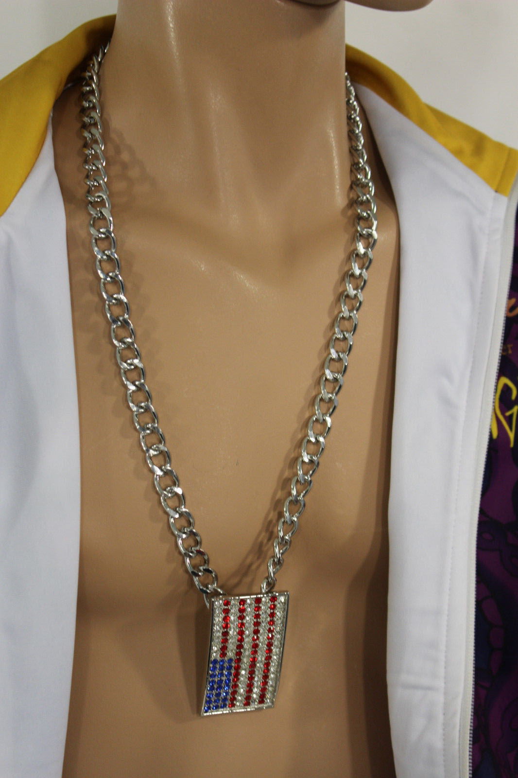 Silver Metal Chain Links Long Necklace USA American Flag Pendant 3D Men Fashion Accessories - alwaystyle4you - 1