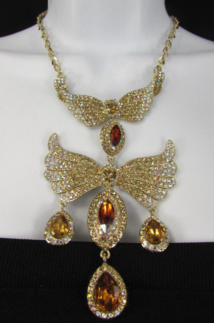 Metal Flying Wings Gold Silver Rhinestones Necklace + Earrings set Women Fashion - alwaystyle4you - 6