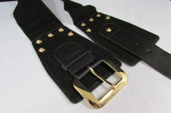 Dark Gray / Black Stretch Elastic Back Faux Leather Wide High Waist Hip Belt Gold Buckle Studs New Women Fashion Accessories S M - alwaystyle4you - 13