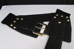 Dark Gray / Black Stretch Elastic Back Faux Leather Wide High Waist Hip Belt Gold Buckle Studs New Women Fashion Accessories S M - alwaystyle4you - 15