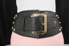 Dark Gray / Black Stretch Elastic Back Faux Leather Wide High Waist Hip Belt Gold Buckle Studs New Women Fashion Accessories S M - alwaystyle4you - 16