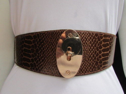 Brown / Black Faux Leather Waist Hip Elastic Belt Big Gold Oval Buckle Women Fashion Accessories XS To M - alwaystyle4you - 1