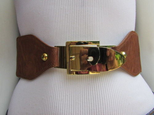 Dark Brown / Moca Brown Elastic Waist Hip Faux Leather Classic Gold Belt Buckle Women Fashion Accessories S - M - alwaystyle4you - 1