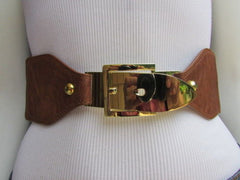 Dark Brown / Moca Brown Elastic Waist Hip Faux Leather Classic Gold Belt Buckle Women Fashion Accessories S - M - alwaystyle4you - 1