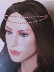 Silver Metal Head Chain Hair Piece Two Forehead Strands Rhinestones