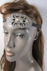 Silver Metal Side Head Band Forehead Large Rhinestone Flower Women Hair Wedding