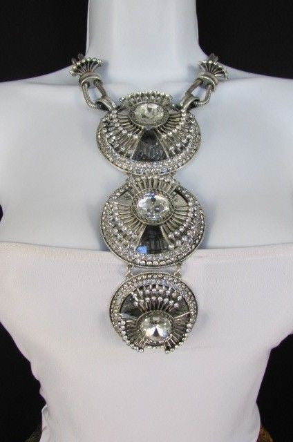 Long Silver Metal Big Crystal Flowers Pendant Necklace + Earrings Set Women Fashion - alwaystyle4you - 1