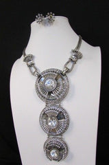 Long Silver Metal Big Crystal Flowers Pendant Necklace + Earrings Set New Women Fashion - alwaystyle4you - 2