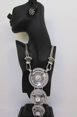 Long Silver Metal Big Crystal Flowers Pendant Necklace + Earrings Set New Women Fashion - alwaystyle4you - 3