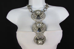 Long Silver Metal Big Crystal Flowers Pendant Necklace + Earrings Set New Women Fashion - alwaystyle4you - 4