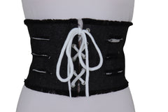 Wide Tie Corset Black Denim Jeans Fashion High Waist Belt Fit Size M