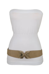 Fashion Beige Faux Leather Elastic Belt Hip Waist Gold Metal Buckle S M