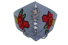 Light Blue Denim High Waist Corset Stretch Belt Red Rose Flowers Size S M