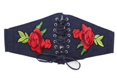 Dark Blue Denim High Waist Corset Elastic Wide Belt Red Rose Flowers S M