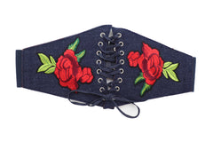 Dark Blue Denim High Waist Corset Elastic Wide Belt Red Rose Flowers S M