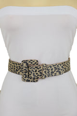 Faux Leather Beige Leopard Animal Print Square Buckle Classic Belt