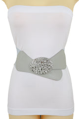Gray Elastic Band Hip High Waist Fashion Belt Silver Bling Oval Buckle S M