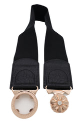 Black Elastic Waistband Fashion Belt Gold Metal Flower Buckle Size S M