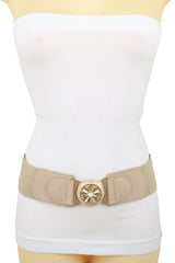 Beige Elastic Fashion Belt Hip High Waist Gold Metal Flower Buckle Fit S M