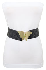 Black Stretch Band High Waist Hip Belt Gold Metal Butterfly Buckle Fit S M