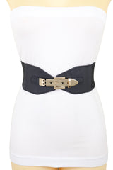 Faux Leather Wide Black Elastic Belt Bling Gold Metal Buckle Size S M