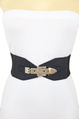 Faux Leather Wide Black Elastic Belt Bling Gold Metal Buckle Size S M