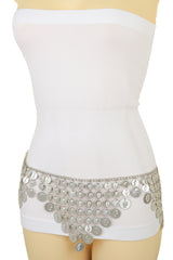 Silver Metal Chain Coin Charms Bling Belt Belly Dance Hip High Waist Fit S M