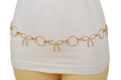High Waist Hip Gold Metal Chain Waistband Belt Circle Bow Tie Charms S M L