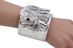 Women Silver Metal Bangle Cuff Wrist Bracelet Safari Elephant One Size Adjustable