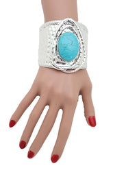 Silver & Turquoise Bead Ethnic Metal Cuff Bracelet