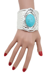 Silver & Turquoise Bead Ethnic Metal Cuff Bracelet