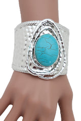 Silver & Turquoise Bead Ethnic Metal Cuff Bracelet