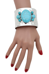 Turquoise Beaded Ethnic Silver Cuff Bracelet