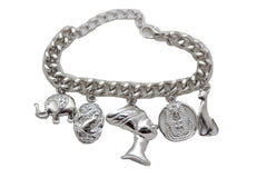 Silver Metal Chain Bracelet Cat Elephant Pharaoh Queen Crown Charms Egyptian Fashion