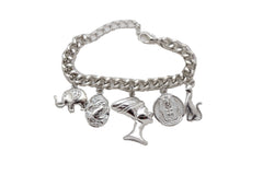 Silver Metal Chain Bracelet Cat Elephant Pharaoh Queen Crown Charms Egyptian Fashion