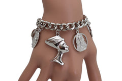 Silver Metal Chain Bracelet Cat Elephant Pharaoh Queen Crown Charms Egyptian Fashion