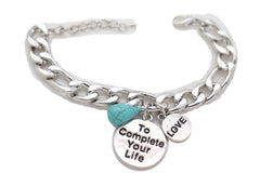 Silver Metal Chain Bracelet LOVE TO COMPLETE YOUR LIFE Charm Turquoise Blue