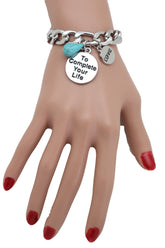 Silver Metal Chain Bracelet LOVE TO COMPLETE YOUR LIFE Charm Turquoise Blue