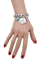Silver Chain Bracelet FAITH BELIEVE Charms Turquoise Blue Religious Cross