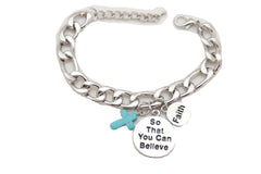 Silver Chain Bracelet FAITH BELIEVE Charms Turquoise Blue Religious Cross