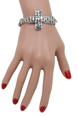 Women Silver Metal Chain Bracelet Cross Charm Love Live Laugh