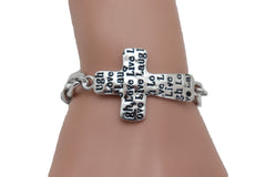 Women Silver Metal Chain Bracelet Cross Charm Love Live Laugh