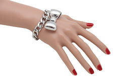 Bracelet Silver Metal Chain Link Bow Tie Ribbon Charm Gift