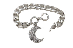Silver Metal Hand Chain Bracelet Bling Moon Charm Crescent