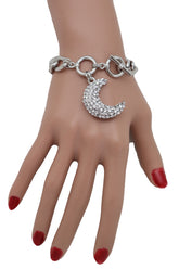 Silver Metal Hand Chain Bracelet Bling Moon Charm Crescent